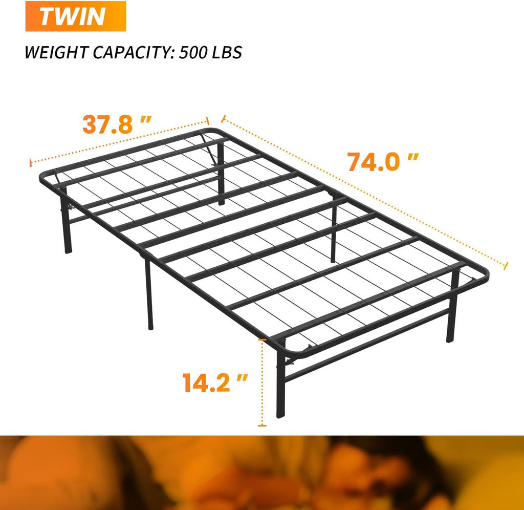 Platform Bed Frame Queen, Foldable Metal, Tool-Free Setup, 14 Inches High, White