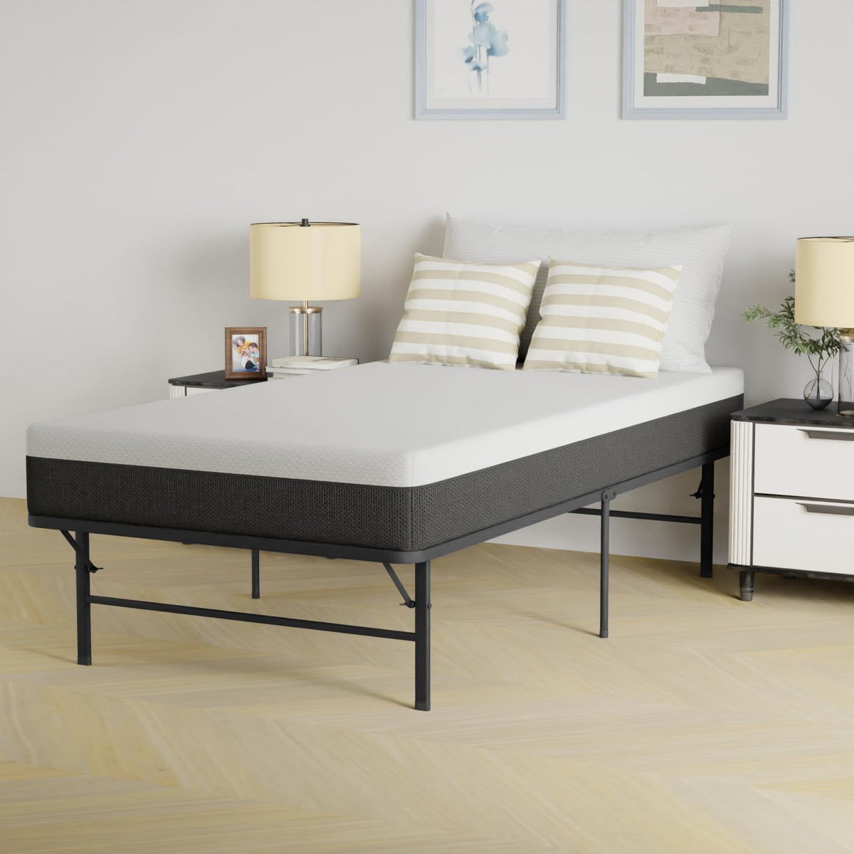 Platform Bed Frame Queen, Foldable Metal, Tool-Free Setup, 14 Inches High, White