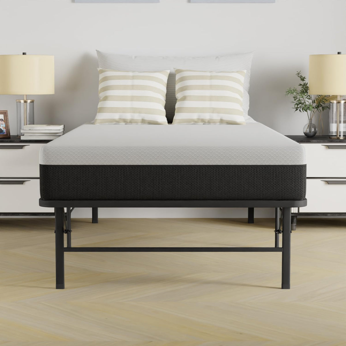 Platform Bed Frame Queen, Foldable Metal, Tool-Free Setup, 14 Inches High, White