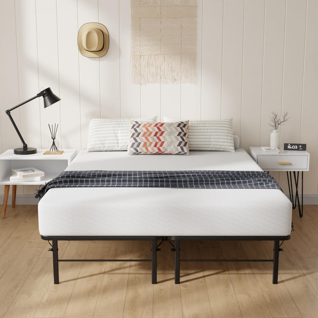 Bed Frame with Storage, Foldable Metal Platform, Sturdy Steel, No Box Spring Needed, 14 inches High, Tool-Free Setup, Full Size, Black